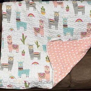 Llama Print Quilted Baby Blanket - Pink, Aqua & Gray